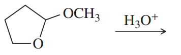 Chemical structure showing a cyclic compound with an ether and hydroxonium ion, indicating a reaction pathway.