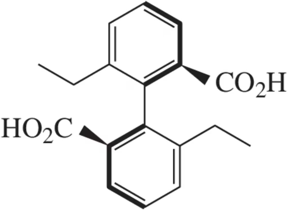 Chemical structure of a substituted biphenyl with carboxylic acid groups, illustrating optical activity and specific rotation.