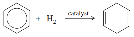Chemical reaction diagram showing benzene reacting with hydrogen in the presence of a catalyst to form cyclohexene.