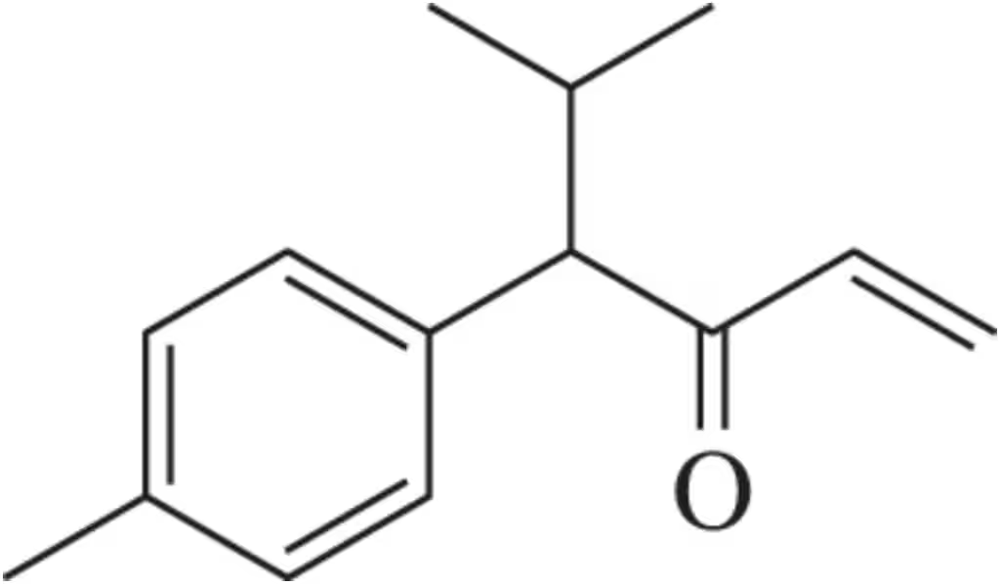 Chemical structure of 4-methylpent-3-en-2-one, showing a benzene ring, ketone group, and alkene side chain.