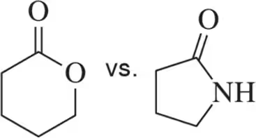 Two molecular structures compared: a six-membered ring with C=O vs. a six-membered ring with C=O and NH.