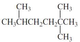 Structural formula of an organic compound showing carbon chains and branches with labeled methyl groups.