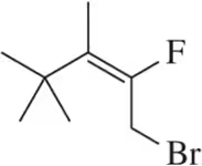 Structural diagram of a molecule with fluorine and bromine substituents, highlighting allylic carbon positions.