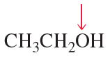 Chemical structure of ethanol (CH3CH2OH) with a red arrow pointing to the oxygen atom.
