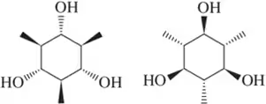Two hexagonal molecular structures with hydroxyl groups, illustrating enantiomers in organic chemistry.