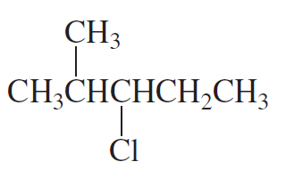 Structural formula of an alkyl halide with a chlorine atom and multiple carbon chains, illustrating an E2 reaction scenario.