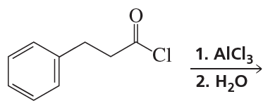 Chemical structure showing a chlorobenzene derivative with oxidation steps labeled: 1. AlCl3, 2. H2O.