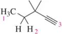 Chemical structure with labeled hydrogens: H3C (1), H (2), and triple bond (3) for spin-splitting pattern prediction.
