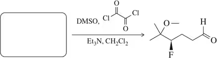 Chemical reaction diagram showing reagents DMSO and Et3N, leading to a product with hydroxyl and fluorine groups.