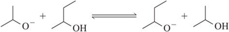 Chemical equation illustrating an acid-base reaction with reactants and products represented by structural formulas.