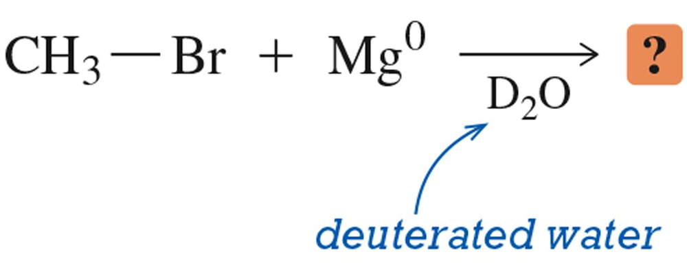 Chemical equation: CH3-Br reacts with Mg in presence of D2O, forming an unknown product.