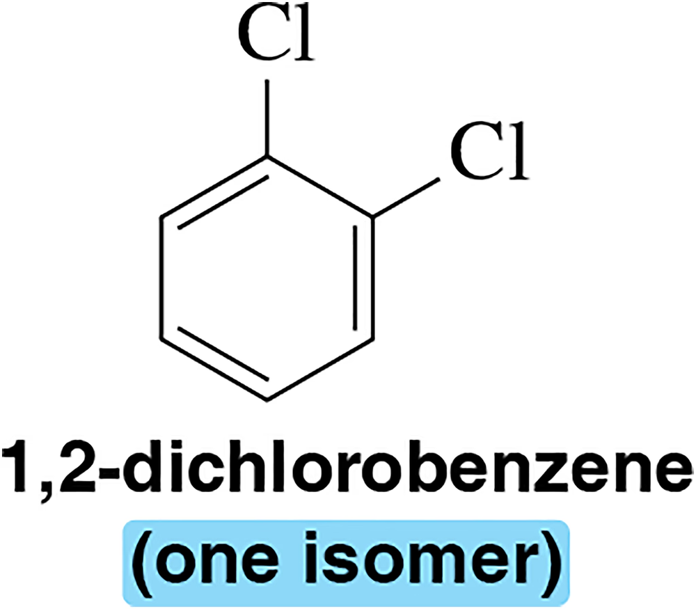 Diagram of 1,2-dichlorobenzene showing two chlorine atoms on a benzene ring, labeled as one isomer.