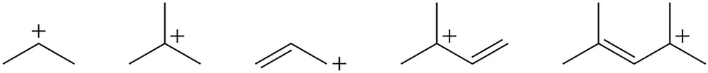 Five carbocation structures are shown, each with a positive charge, for ranking stability.