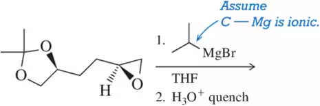 Chemical reaction diagram illustrating the Grignard reaction with MgBr in THF and H3O+ quench, highlighting ionic carbon-metal bond.