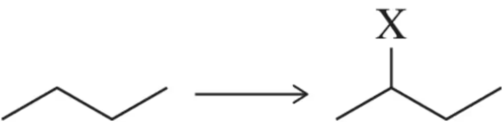 Chemical reaction showing butane converting to 2-halobutane with halogen X at the second carbon position.