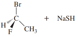 Structural representation of an SN2 reaction showing reactants and a sodium hydrosulfide reagent.
