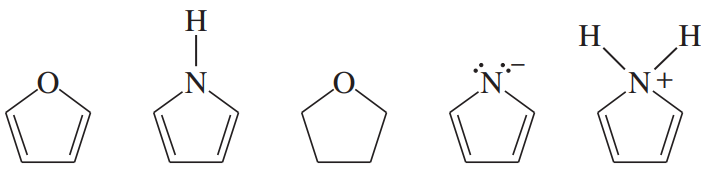 Five molecular structures of aromatic heterocycles, including nitrogen and oxygen atoms, with varying charge states.