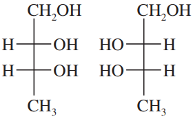 Two Fischer projections showing stereochemical relationships of compounds with hydroxyl groups and carbon chains.