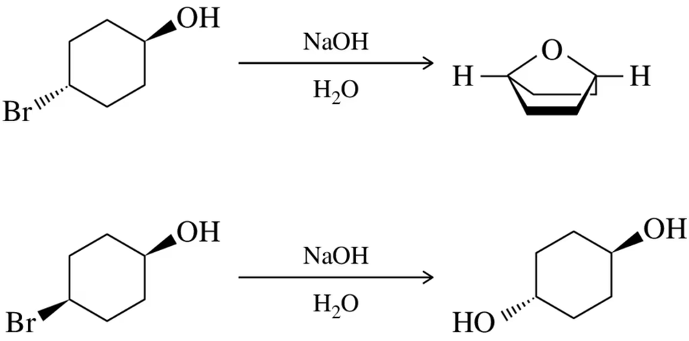Comparison of intramolecular substitution reactions of trans- and cis-4-bromocyclohexanol with NaOH.