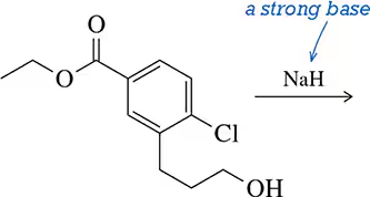Chemical structure illustrating nucleophilic aromatic substitution with a strong base, NaH, indicated by an arrow.