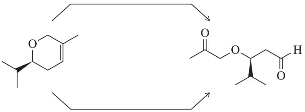 Chemical structure illustrating ozonolysis with arrows indicating reaction pathways and functional groups involved.