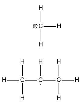 Lewis structure of the cationic radical with a positive charge on carbon and a free electron.
