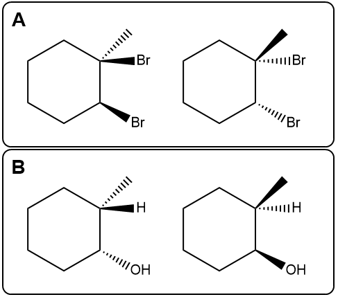 Structural representations of products A and B from hydroboration, showing stereochemistry.