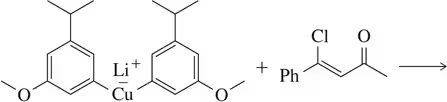 Diorganocuprate cross-coupling reaction diagram showing reactants and predicted product with arrows indicating reaction direction.
