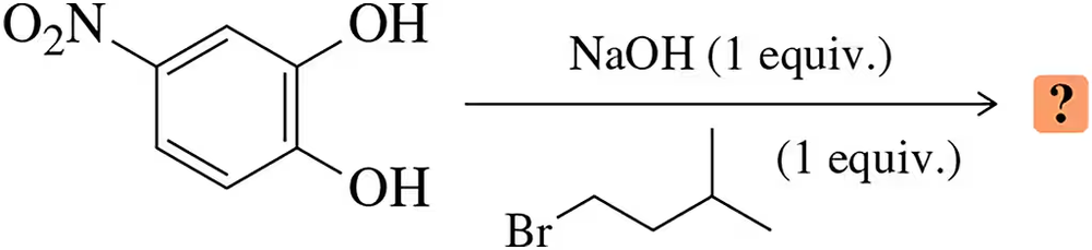 Chemical structure of dihydroxybenzene with a reaction scheme showing sodium hydroxide and haloalkane, asking for the predicted product.