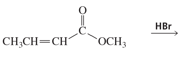 Chemical structure showing a carbonyl compound with an alkene and an ether, with HBr indicated as a reagent.