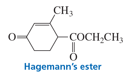 Chemical structure of Hagemann's ester, featuring a benzene ring, carbonyl, and ethyl acetoacetate groups.