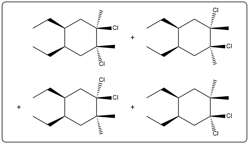 Reaction diagram showing products formed from Cl2 addition to a compound in organic chemistry.