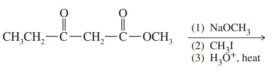 Chemical structure of acetoacetic ester synthesis with reaction conditions and reagents listed on the right.