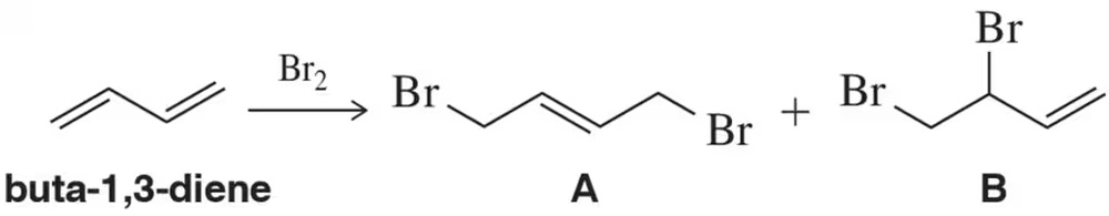 Bromination reaction of buta-1,3-diene yielding products A and B, with Br2 indicated.