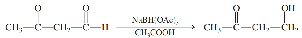 Lewis structure of sodium triacetoxyborohydride reducing aldehydes to alcohols in a chemical reaction.