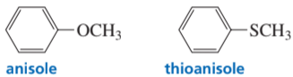 Structural formulas of anisole and thioanisole, labeled with their names below each compound.