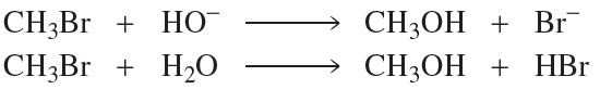 Chemical equations comparing substitution reactions of CH3Br with hydroxide and water, showing products formed.