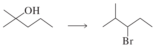 Synthesis pathway showing conversion of an alcohol to a brominated compound with structural formulas.