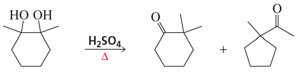 Chemical reaction diagram illustrating dehydration of a diol using sulfuric acid, resulting in two carbonyl compounds.