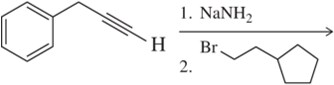 Chemical reaction diagram showing a reactant with acetylide and suggested reagents NaNH2 and Br for product formation.