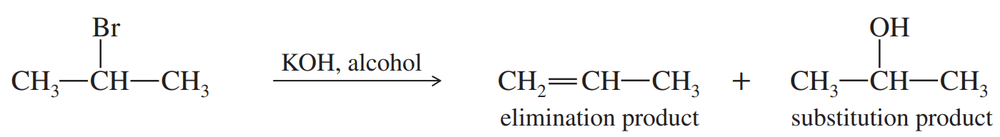 Chemical reaction diagram showing bromopropane reacting with KOH in alcohol to yield an elimination and a substitution product.