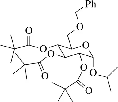 Chemical structure of acylated sugars, featuring multiple hydroxyl and acyl groups, with a phenyl group attached.