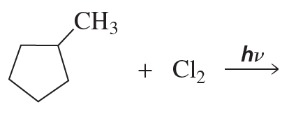 Chemical reaction diagram showing a methyl group and chlorine reacting under light to illustrate free radical halogenation.