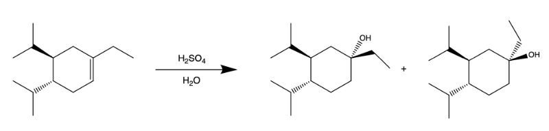 Chemical reaction diagram showing acid-catalyzed hydration with products and reactants.
