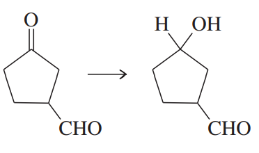 Chemical reaction showing the conversion of an aldehyde to a cyclic acetal with hydroxyl and aldehyde groups.