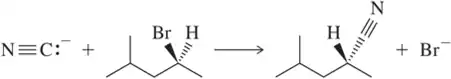 Reaction diagram showing nucleophilic substitution with inversion at a chiral center, featuring reactants and products.