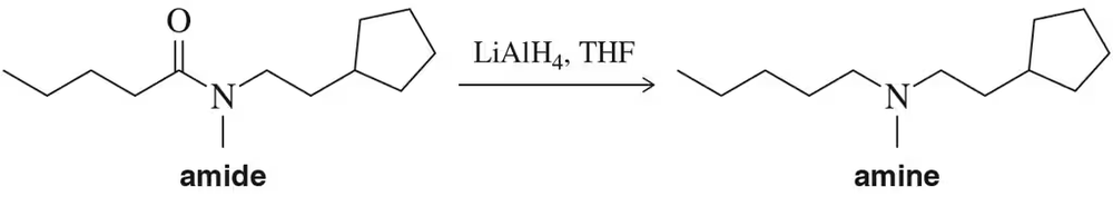 Chemical reaction diagram showing the conversion of an amide to an amine using LiAlH4 in THF.