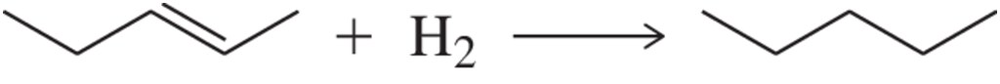 Chemical reaction diagram showing alkenes reacting with hydrogen to form alkanes, indicating a change in entropy.