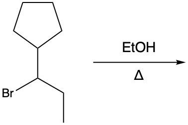 E1 reaction diagram showing a brominated compound reacting with ethanol under heat.