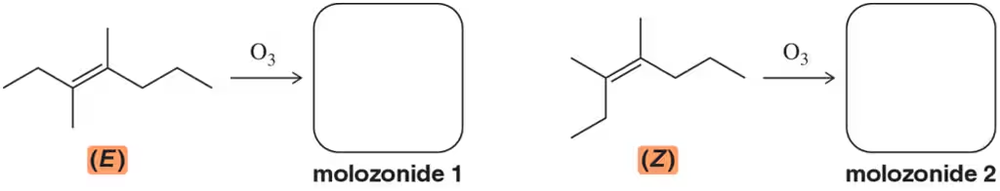 Diagram showing ozonolysis of (E)- and (Z)-3,4-dimethylhept-3-ene forming two stereospecific molozonides.